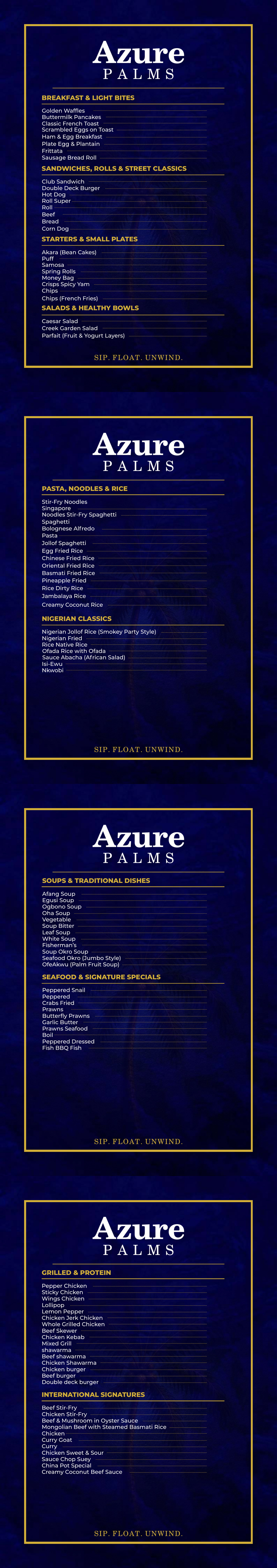 Azure Palms Food Menu